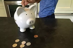 piggybank-cover1-300x200 Paula Lillard Preschlack - a white piggy bank and coins on a table.