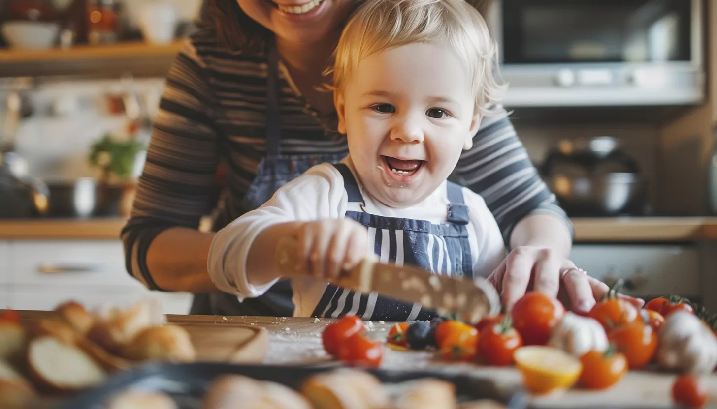 A toddler happily helping mom cook
